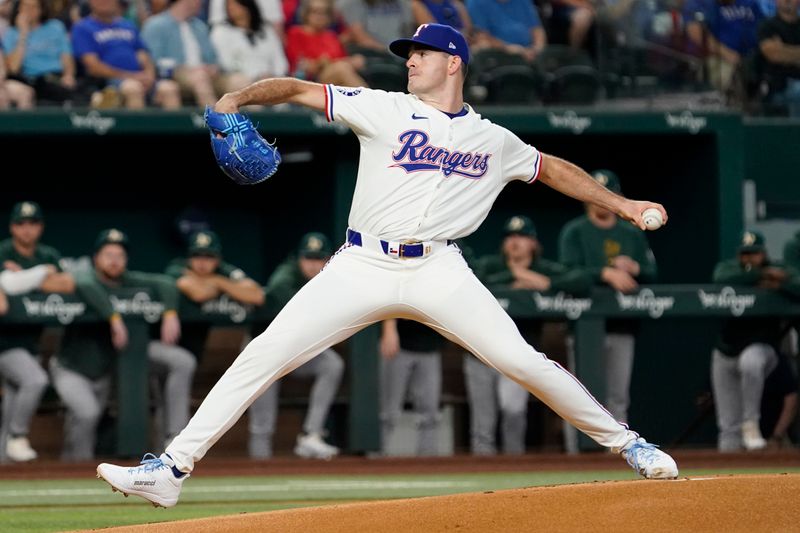 Aug 31, 2024; Arlington, Texas, USA; Texas Rangers starting pitcher Cody Bradford (61) throws to the plate during the first inning against the Oakland Athletics at Globe Life Field. Mandatory Credit: Raymond Carlin III-USA TODAY Sports