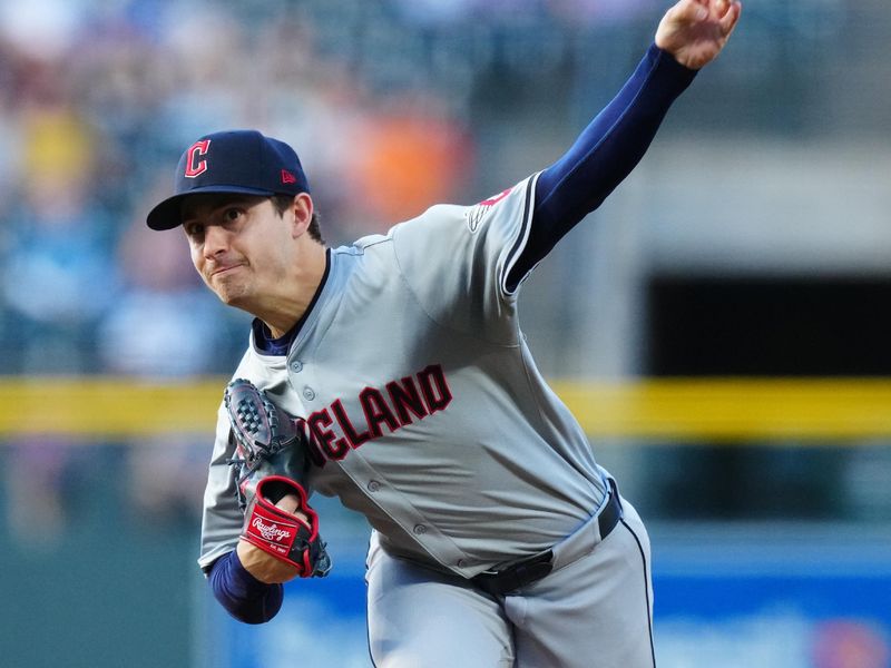 May 29, 2024; Denver, Colorado, USA; Cleveland Guardians starting pitcher Logan Allen (41) delivers a pitch in the first inning against the Colorado Rockies at Coors Field. Mandatory Credit: Ron Chenoy-USA TODAY Sports