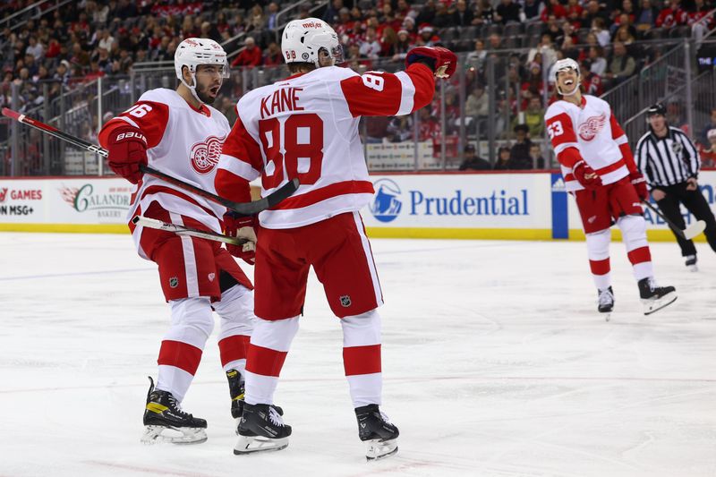 Dec 23, 2023; Newark, New Jersey, USA; Detroit Red Wings right wing Patrick Kane (88) celebrates his goal against the New Jersey Devils during the first period at Prudential Center. Mandatory Credit: Ed Mulholland-USA TODAY Sports