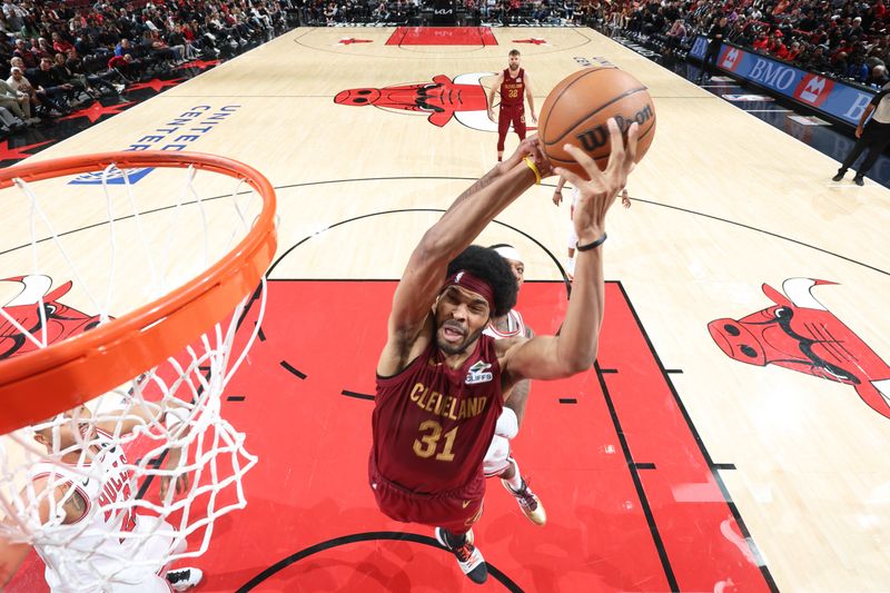 CHICAGO, IL - OCTOBER 18: Jarrett Allen #31 of the Cleveland Cavaliers drives to the basket during the game against the Chicago Bulls on October 18, 2024 at United Center in Chicago, Illinois. NOTE TO USER: User expressly acknowledges and agrees that, by downloading and or using this photograph, User is consenting to the terms and conditions of the Getty Images License Agreement. Mandatory Copyright Notice: Copyright 2023 NBAE (Photo by Jeff Haynes/NBAE via Getty Images)