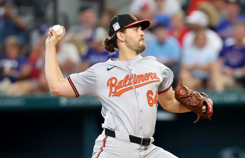 Jul 21, 2024; Arlington, Texas, USA;  Baltimore Orioles starting pitcher Dean Kremer (64) throws during the first inning against the Texas Rangers at Globe Life Field. Mandatory Credit: Kevin Jairaj-USA TODAY Sports