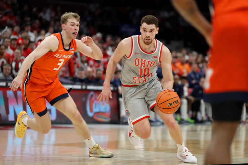 Jan 30, 2024; Columbus, Ohio, USA; Ohio State Buckeyes forward Jamison Battle (10) dribbles past Illinois Fighting Illini forward Marcus Domask (3) during the second half at Value City Arena. Mandatory Credit: Joseph Maiorana-USA TODAY Sports