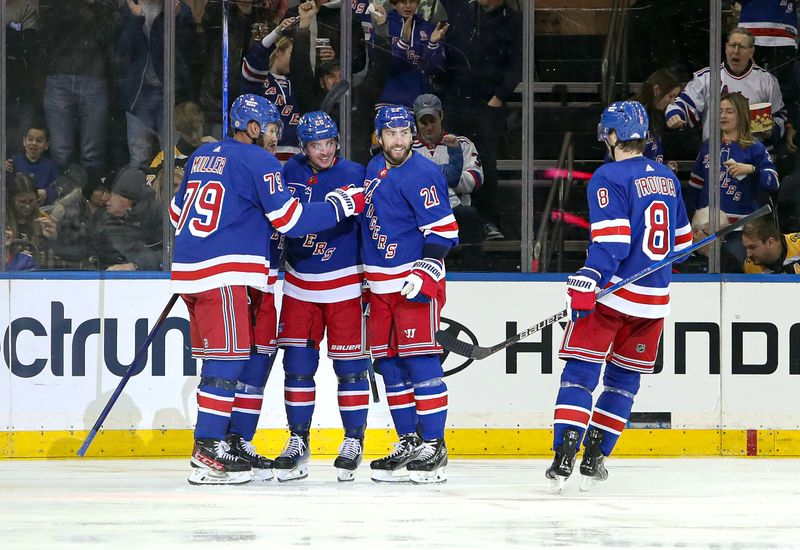 Nov 25, 2023; New York, New York, USA; New York Rangers center Tyler Pitlick (71) celebrates his goal with defenseman K'Andre Miller (79), left wing Jimmy Vesey (26), center Barclay Goodrow (21) and defenseman Jacob Trouba (8) during the third period against the Boston Bruins at Madison Square Garden. Mandatory Credit: Danny Wild-USA TODAY Sports