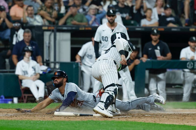 Aug 23, 2024; Chicago, Illinois, USA; Detroit Tigers outfielder Riley Greene (31) scores against the Chicago White Sox during the seventh inning at Guaranteed Rate Field. Mandatory Credit: Kamil Krzaczynski-USA TODAY Sports
