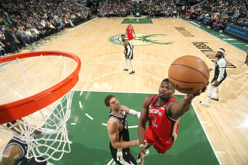 MILWAUKEE, WI - JANUARY 27:  Zion Williamson #1 of the New Orleans Pelicans goes to the basket during the game on January 27, 2024 at the Fiserv Forum Center in Milwaukee, Wisconsin. NOTE TO USER: User expressly acknowledges and agrees that, by downloading and or using this Photograph, user is consenting to the terms and conditions of the Getty Images License Agreement. Mandatory Copyright Notice: Copyright 2024 NBAE (Photo by Gary Dineen/NBAE via Getty Images).