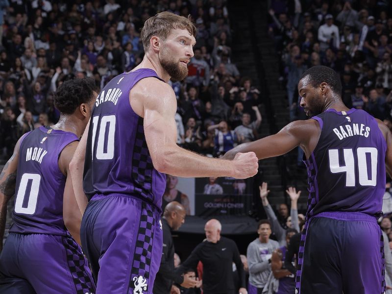 SACRAMENTO, CA - MARCH 12: Domantas Sabonis #10 of the Sacramento Kings looks on during the game against the Milwaukee Bucks on March 12, 2024 at Golden 1 Center in Sacramento, California. NOTE TO USER: User expressly acknowledges and agrees that, by downloading and or using this Photograph, user is consenting to the terms and conditions of the Getty Images License Agreement. Mandatory Copyright Notice: Copyright 2024 NBAE (Photo by Rocky Widner/NBAE via Getty Images)