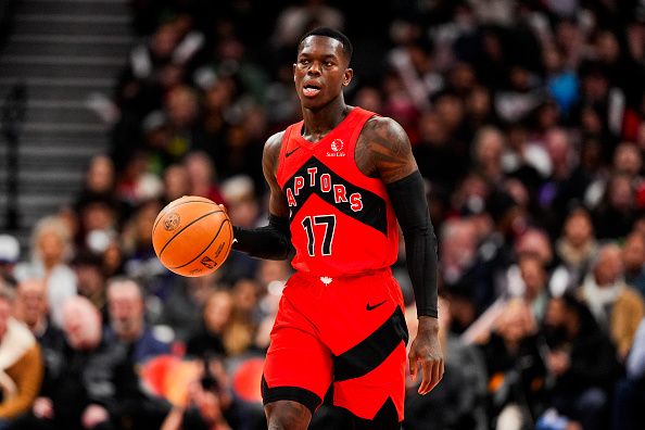 TORONTO, ON - DECEMBER 13: Dennis Schroder #17 of the Toronto Raptors dribbles the ball against the Atlanta Hawks during second half NBA action at Scotiabank Arena on December 13, 2023 in Toronto, Ontario, Canada. NOTE TO USER: User expressly acknowledges and agrees that, by downloading and/or using this Photograph, user is consenting to the terms and conditions of the Getty Images License Agreement. (Photo by Andrew Lahodynskyj/Getty Images)