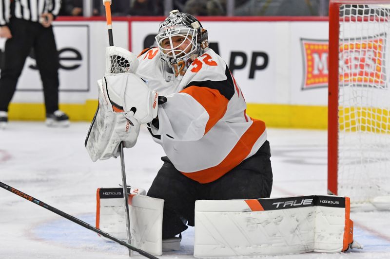 Mar 2, 2024; Philadelphia, Pennsylvania, USA; Philadelphia Flyers goaltender Felix Sandstrom (32) makes a save against the Ottawa Senators during the second period at Wells Fargo Center. Mandatory Credit: Eric Hartline-USA TODAY Sports