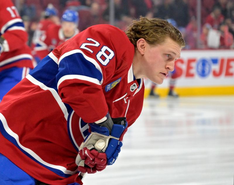 Apr 9, 2024; Montreal, Quebec, CAN; Montreal Canadiens forward Christian Dvorak (28) skates during the warmup period before the game against the Philadelphia Flyers at the Bell Centre. Mandatory Credit: Eric Bolte-USA TODAY Sports