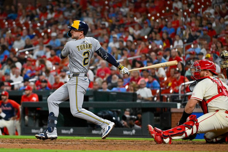 Sep 20, 2025; St. Louis, Missouri, USA; Milwaukee Brewers second baseman Brice Turang (2) hits a one run single against the St. Louis Cardinals during the tenth inning at Busch Stadium. Mandatory Credit: Jeff Curry-Imagn Images