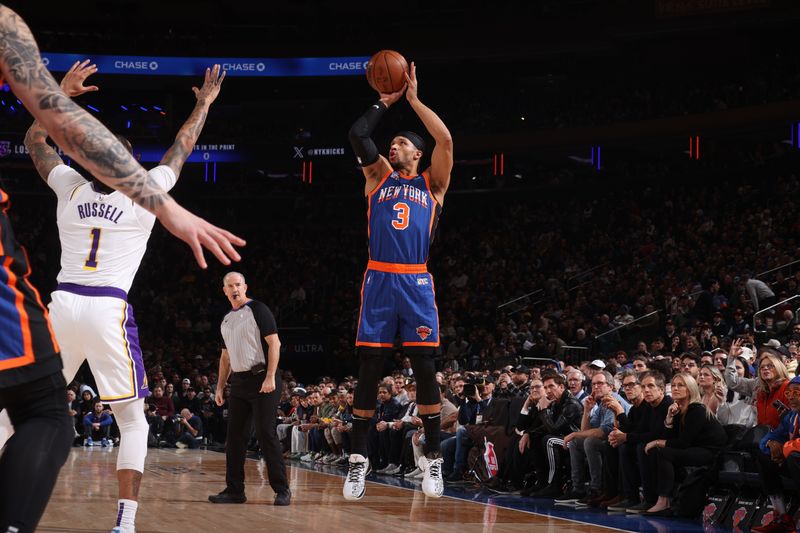 NEW YORK, NY - FEBRUARY 3: Josh Hart #3 of the New York Knicks shoots a three point basket during the game against the Los Angeles Lakers on February 3, 2024 at Madison Square Garden in New York City, New York.  NOTE TO USER: User expressly acknowledges and agrees that, by downloading and or using this photograph, User is consenting to the terms and conditions of the Getty Images License Agreement. Mandatory Copyright Notice: Copyright 2024 NBAE  (Photo by Nathaniel S. Butler/NBAE via Getty Images)