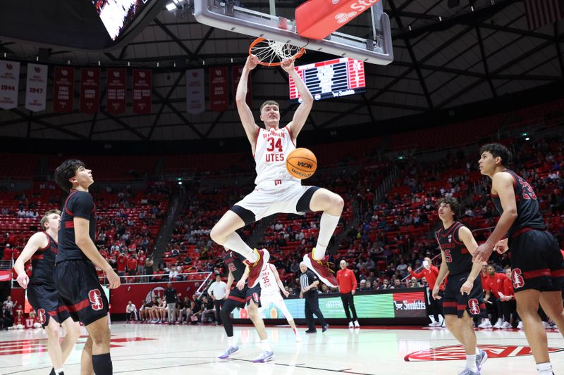 Feb 29, 2024; Salt Lake City, Utah, USA; Utah Utes center Lawson Lovering (34) dunks the ball against the Stanford Cardinal during the second half at Jon M. Huntsman Center. Mandatory Credit: Rob Gray-USA TODAY Sports