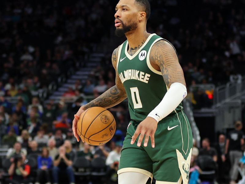 MILWAUKEE, WISCONSIN - FEBRUARY 09: Damian Lillard #0 of the Milwaukee Bucks handles the ball during a game against the Charlotte Hornets at Fiserv Forum on February 09, 2024 in Milwaukee, Wisconsin. NOTE TO USER: User expressly acknowledges and agrees that, by downloading and or using this photograph, User is consenting to the terms and conditions of the Getty Images License Agreement. (Photo by Stacy Revere/Getty Images)