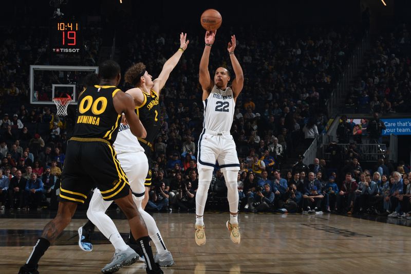 SAN FRANCISCO, CA - MARCH 20: Desmond Bane #22 of the Memphis Grizzlies shoots the ball during the game against the Golden State Warriors on March 20, 2024 at Chase Center in San Francisco, California. NOTE TO USER: User expressly acknowledges and agrees that, by downloading and or using this photograph, user is consenting to the terms and conditions of Getty Images License Agreement. Mandatory Copyright Notice: Copyright 2024 NBAE (Photo by Noah Graham/NBAE via Getty Images)