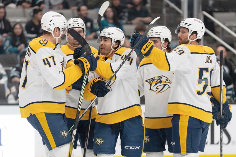 Feb 24, 2024; San Jose, California, USA; Nashville Predators left wing Kiefer Sherwood (44) celebrates with teammates after scoring a goal during the first period against the San Jose Sharks at SAP Center at San Jose. Mandatory Credit: Stan Szeto-USA TODAY Sports