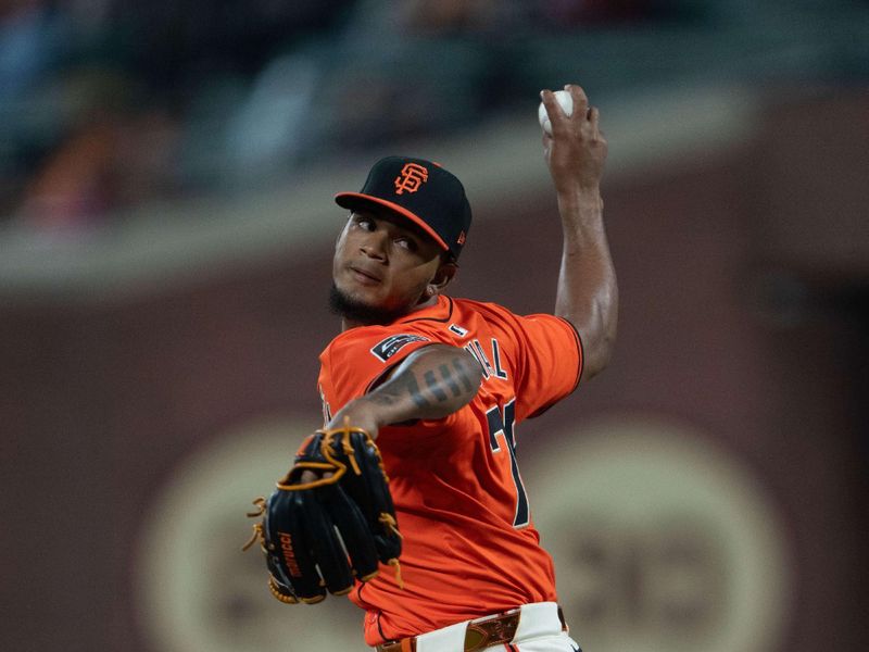 Jul 26, 2024; San Francisco, California, USA;  San Francisco Giants pitcher Camilo Doval (75) pitches during the ninth inning against the Colorado Rockies at Oracle Park. Mandatory Credit: Stan Szeto-USA TODAY Sports