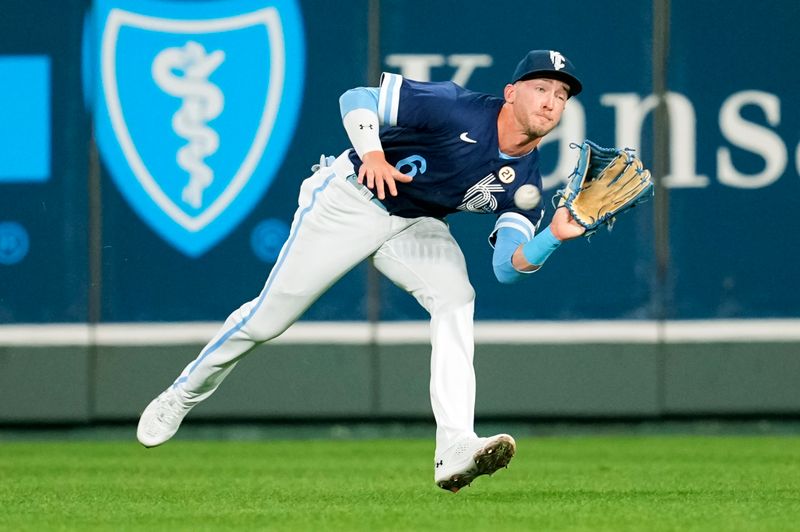 Sep 15, 2023; Kansas City, Missouri, USA; Kansas City Royals center fielder Drew Waters (6) is unable to make the catch during the third inning against the Houston Astros at Kauffman Stadium. Mandatory Credit: Jay Biggerstaff-USA TODAY Sports