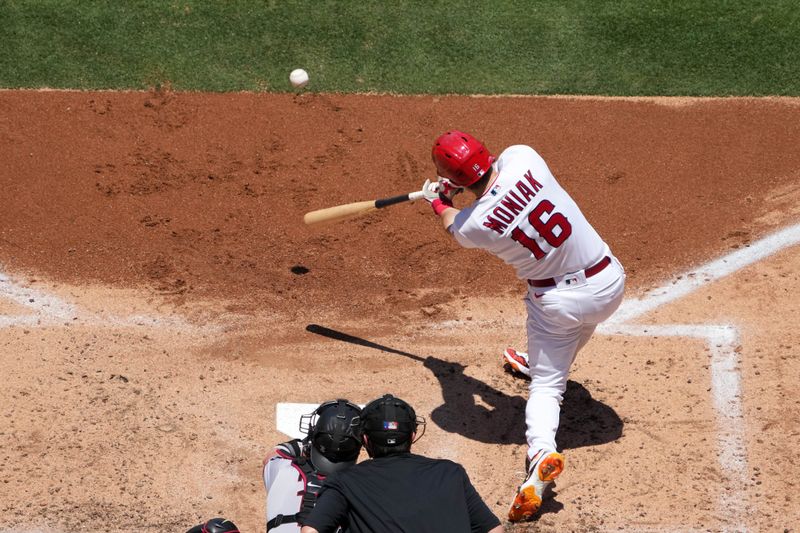 Jul 2, 2023; Anaheim, California, USA; Los Angeles Angels left fielder Mickey Moniak (16) follows through on a three-run home run in the second inning against the Arizona Diamondbacks at Angel Stadium. Mandatory Credit: Kirby Lee-USA TODAY Sports