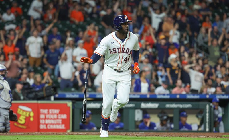 Apr 3, 2024; Houston, Texas, USA; Houston Astros left fielder Yordan Alvarez (44) hits a home run during the third inning against the Toronto Blue Jays at Minute Maid Park. Mandatory Credit: Troy Taormina-USA TODAY Sports