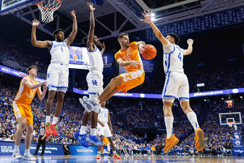 Feb 3, 2024; Lexington, Kentucky, USA; Tennessee Volunteers guard Santiago Vescovi (25) passes the ball during the first half against the Kentucky Wildcats at Rupp Arena at Central Bank Center. Mandatory Credit: Jordan Prather-USA TODAY Sports