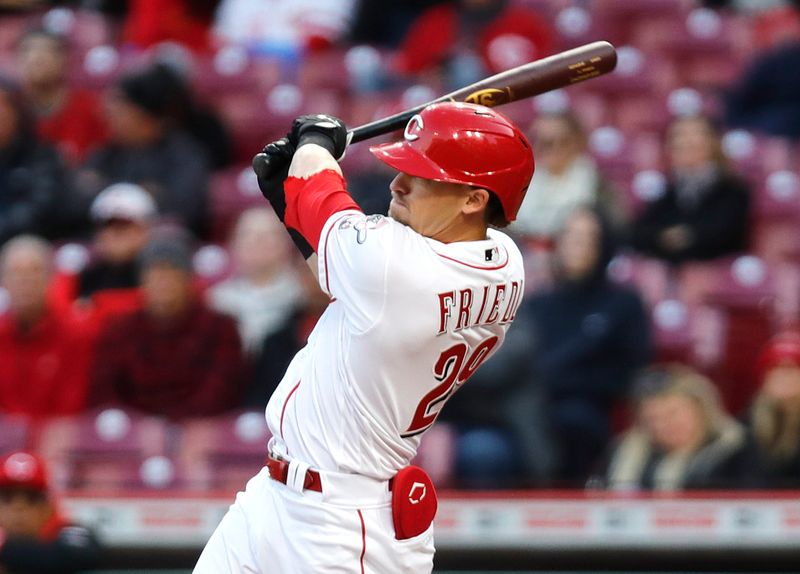 Apr 17, 2023; Cincinnati, Ohio, USA; Cincinnati Reds center fielder TJ Friedl (29) hits a three-run double against the Tampa Bay Rays during the fourth inning at Great American Ball Park. Mandatory Credit: David Kohl-USA TODAY Sports