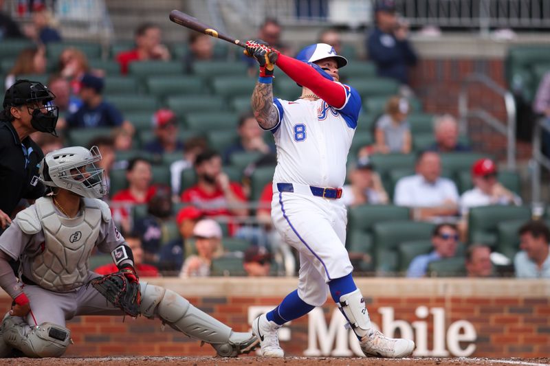 May 31, 2025; Atlanta, Georgia, USA; Atlanta Braves left fielder Alex Verdugo (8) hits a double against the Boston Red Sox in the eighth inning at Truist Park. Mandatory Credit: Brett Davis-Imagn Images
