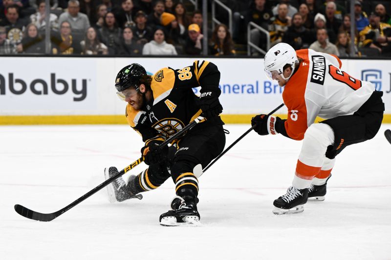 Oct 29, 2024; Boston, Massachusetts, USA; Philadelphia Flyers defenseman Travis Sanheim (6) trips Boston Bruins right wing David Pastrnak (88) during the first period at TD Garden. Mandatory Credit: Brian Fluharty-Imagn Images