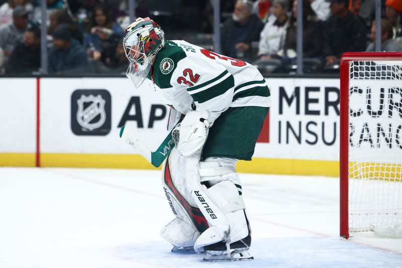 Nov 8, 2024; Anaheim, California, USA; Minnesota Wild goaltender Filip Gustavsson (32) looks on during the second period against the Anaheim Ducks at Honda Center. Mandatory Credit: Jessica Alcheh-Imagn Images