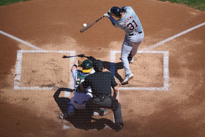 Sep 7, 2024; Oakland, California, USA; Detroit Tigers outfielder Riley Greene (31) bats against the Oakland Athletics during the first inning at Oakland-Alameda County Coliseum. Mandatory Credit: Robert Edwards-Imagn Images