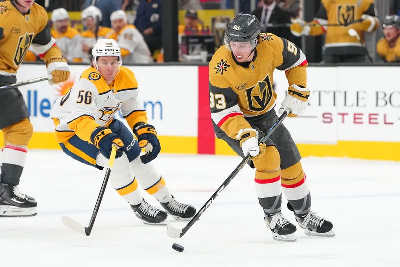 Jan 17, 2026; Las Vegas, Nevada, USA; Vegas Golden Knights right wing Mitch Marner (93) controls the puck ahead of Nashville Predators left wing Erik Haula (56) during the first period at T-Mobile Arena. Mandatory Credit: Stephen R. Sylvanie-Imagn Images