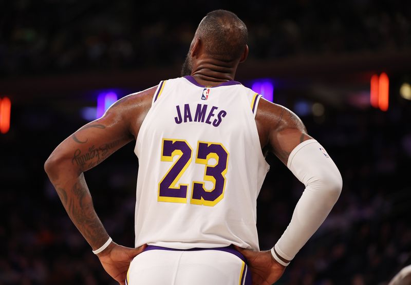 NEW YORK, NEW YORK - FEBRUARY 03:  LeBron James #23 of the Los Angeles Lakers looks on against the New York Knicks during their game at Madison Square Garden on February 03, 2024 in New York City.   User expressly acknowledges and agrees that, by downloading and or using this photograph, User is consenting to the terms and conditions of the Getty Images License Agreement.  (Photo by Al Bello/Getty Images)