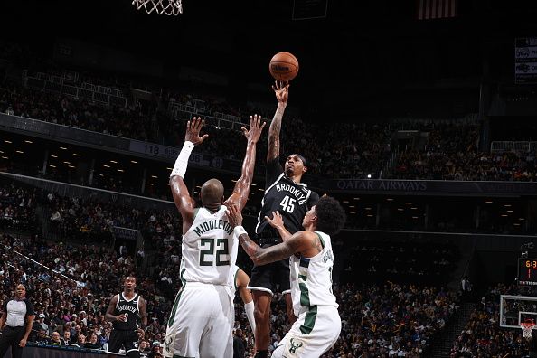 BROOKLYN, NY - DECEMBER 27: Keon Johnson #45 of the Brooklyn Nets drives to the basket during the game against the Milwaukee Bucks on December 27, 2023 at Barclays Center in Brooklyn, New York. NOTE TO USER: User expressly acknowledges and agrees that, by downloading and or using this Photograph, user is consenting to the terms and conditions of the Getty Images License Agreement. Mandatory Copyright Notice: Copyright 2023 NBAE (Photo by Nathaniel S. Butler/NBAE via Getty Images)