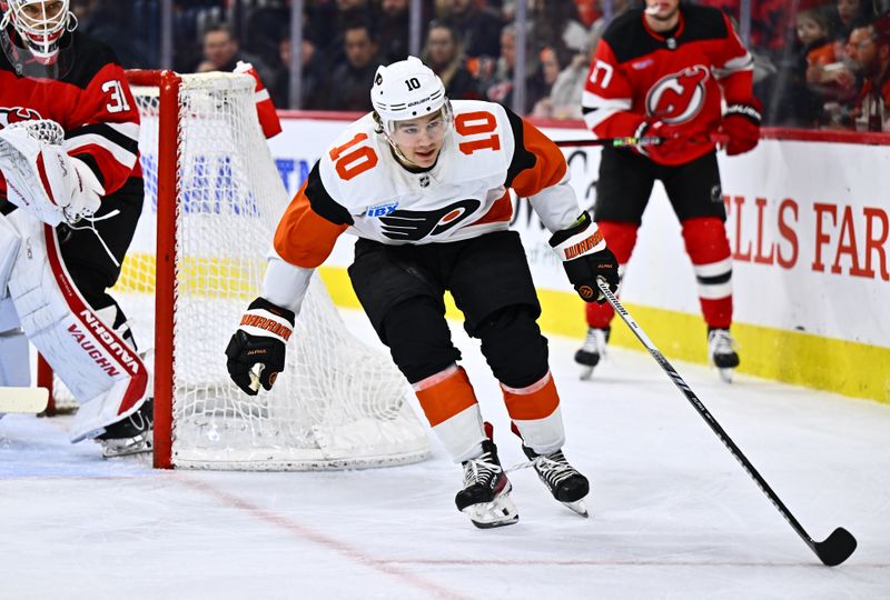 Apr 13, 2024; Philadelphia, Pennsylvania, USA; Philadelphia Flyers right wing Bobby Brink (10) in action against the New Jersey Devils in the first period at Wells Fargo Center. Mandatory Credit: Kyle Ross-USA TODAY Sports