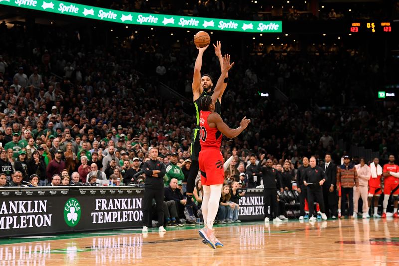 BOSTON, MA - NOVEMBER 16: Jayson Tatum #0 of the Boston Celtics scores the game winning three point basket during the game against the Toronto Raptors on November 16, 2024 at TD Garden in Boston, Massachusetts. NOTE TO USER: User expressly acknowledges and agrees that, by downloading and/or using this Photograph, user is consenting to the terms and conditions of the Getty Images License Agreement. Mandatory Copyright Notice: Copyright 2024 NBAE (Photo by Brian Babineau/NBAE via Getty Images)