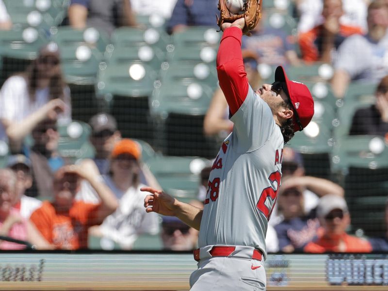 May 1, 2024; Detroit, Michigan, USA; St. Louis Cardinals third baseman Nolan Arenado (28) makes a catch in the second inning against the Detroit Tigers at Comerica Park. Mandatory Credit: Rick Osentoski-USA TODAY Sports
