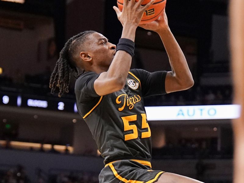 Feb 20, 2024; Columbia, Missouri, USA; Missouri Tigers guard Sean East II (55) shoots against the Tennessee Volunteers during the first half at Mizzou Arena. Mandatory Credit: Denny Medley-USA TODAY Sports