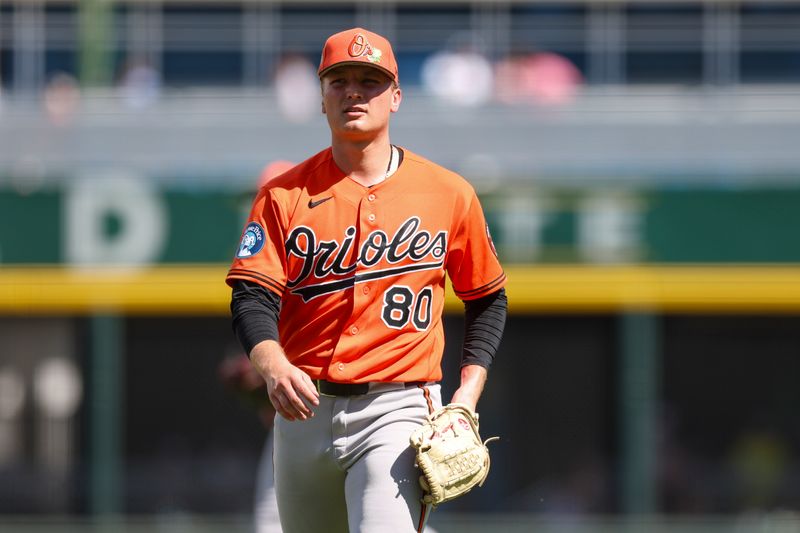 Mar 7, 2026; North Port, Florida, USA; Baltimore Orioles pitcher Cameron Weston (80) walks off the field against the Atlanta Braves in the third inning during spring Training at CoolToday Park. Mandatory Credit: Nathan Ray Seebeck-Imagn Images