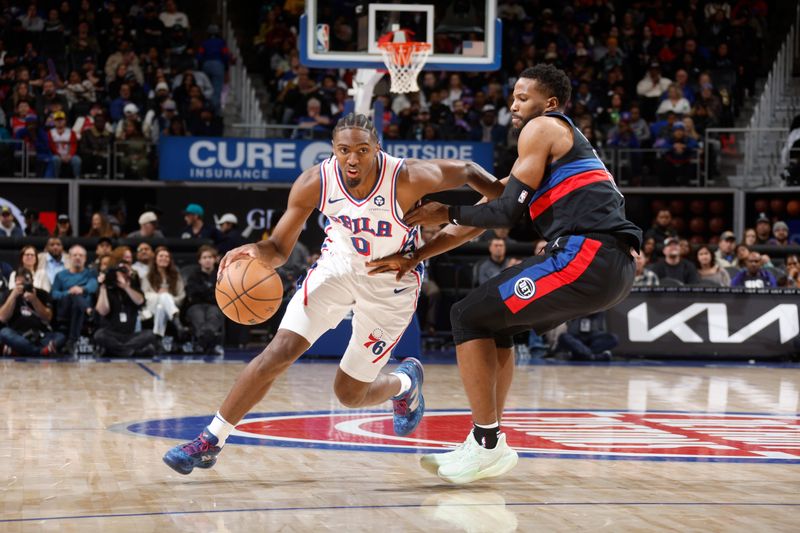 DETROIT, MI - NOVEMBER 30:  Tyrese Maxey #0 of the Philadelphia 76ers dribbles the ball during the game against the Detroit Pistons during a regular season game on November 30, 2024 at Little Caesars Arena in Detroit, Michigan. NOTE TO USER: User expressly acknowledges and agrees that, by downloading and/or using this photograph, User is consenting to the terms and conditions of the Getty Images License Agreement. Mandatory Copyright Notice: Copyright 2024 NBAE (Photo by Brian Sevald/NBAE via Getty Images)