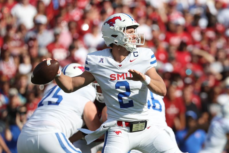 Sep 9, 2023; Norman, Oklahoma, USA;  Southern Methodist Mustangs quarterback Preston Stone (2) throws during the first quarter against the Oklahoma Sooners at Gaylord Family-Oklahoma Memorial Stadium. Mandatory Credit: Kevin Jairaj-USA TODAY Sports