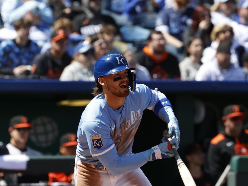 Apr 6, 2025; Kansas City, Missouri, USA;  Kansas City Royals shortstop Bobby Witt Jr. (7) runs to first after getting a hit at Kauffman Stadium. Mandatory Credit: Gary Rohman-Imagn Images