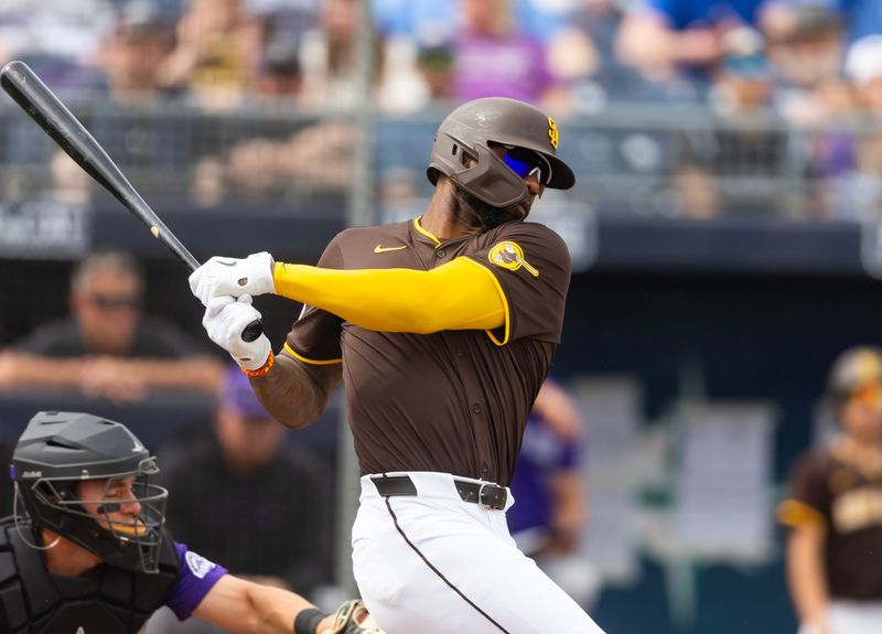 Mar 5, 2025; Peoria, Arizona, USA; San Diego Padres outfielder Jason Heyward against the Colorado Rockies during a spring training game at Peoria Sports Complex. Mandatory Credit: Mark J. Rebilas-Imagn Images
