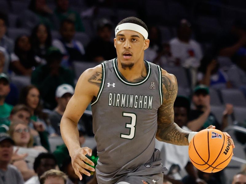 Mar 15, 2025; Fort Worth, TX, USA; UAB Blazers forward Yaxel Lendeborg (3) dribbles the ball upcourt against the North Texas Mean Green during the first half at Dickies Arena. Mandatory Credit: Chris Jones-Imagn Images