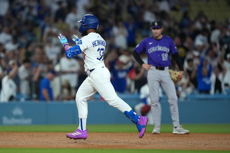 Sep 9, 2025; Los Angeles, California, USA; Los Angeles Dodgers right fielder Teoscar Hernandez (37) runs the bases after hitting a home run in the fourth inning against the Colorado Rockies at Dodger Stadium. Mandatory Credit: Kirby Lee-Imagn Images