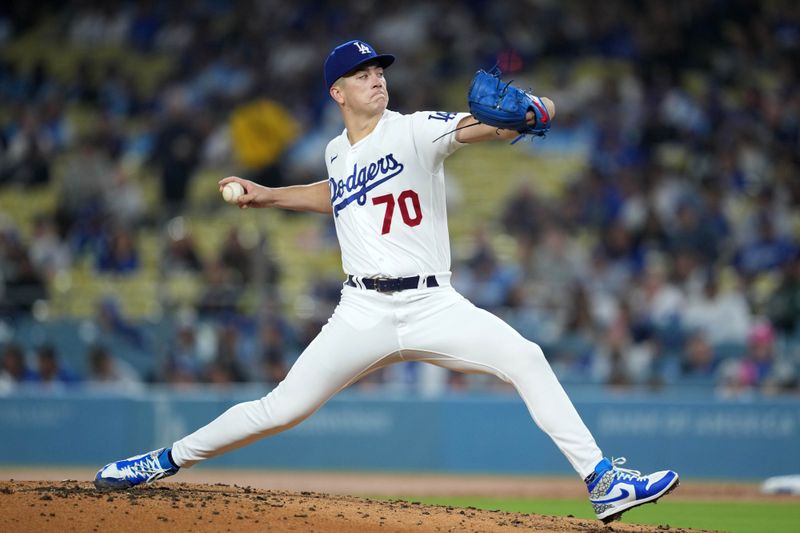 Sep 20, 2023; Los Angeles, California, USA; Los Angeles Dodgers starting pitcher Bobby Miller (70) throws in the second inning against the Detroit Tigers at Dodger Stadium. Mandatory Credit: Kirby Lee-USA TODAY Sports