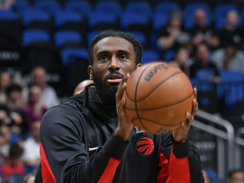 ORLANDO, FL - MARCH 17: Javon Freeman-Liberty #0 of the Toronto Raptors warms up before the game against the Orlando Magic on March 17, 2024 at the Kia Center in Orlando, Florida. NOTE TO USER: User expressly acknowledges and agrees that, by downloading and or using this photograph, User is consenting to the terms and conditions of the Getty Images License Agreement. Mandatory Copyright Notice: Copyright 2024 NBAE (Photo by Fernando Medina/NBAE via Getty Images)