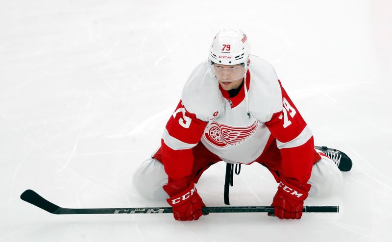 Oct 1, 2024; Pittsburgh, Pennsylvania, USA;  Detroit Red Wings forward Alex Chiasson (79) stretches the ice to warm up against the Pittsburgh Penguins at PPG Paints Arena. Mandatory Credit: Charles LeClaire-Imagn Images