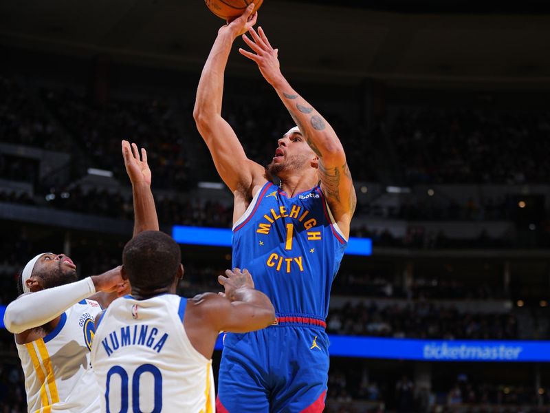 DENVER, CO - DECEMBER 3: Michael Porter Jr. #1 of the Denver Nuggets shoots the ball during the game against the Golden State Warriors during the Emirates NBA Cup on December 3, 2024 at Ball Arena in Denver, Colorado. NOTE TO USER: User expressly acknowledges and agrees that, by downloading and/or using this Photograph, user is consenting to the terms and conditions of the Getty Images License Agreement. Mandatory Copyright Notice: Copyright 2024 NBAE (Photo by Garrett Ellwood/NBAE via Getty Images)