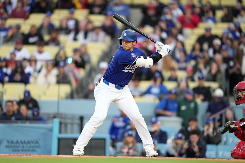 Mar 25, 2024; Los Angeles, California, USA; Los Angeles Dodgers designated hitter Shohei Ohtani (17) bats in the first inning against the Los Angeles Angels  at Dodger Stadium. Mandatory Credit: Kirby Lee-USA TODAY Sports