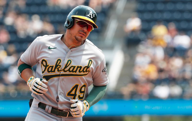 Jun 7, 2023; Pittsburgh, Pennsylvania, USA;  Oakland Athletics first baseman Ryan Noda (49) circles the bases on a solo home run against the Pittsburgh Pirates during the seventh inning at PNC Park. Mandatory Credit: Charles LeClaire-USA TODAY Sports