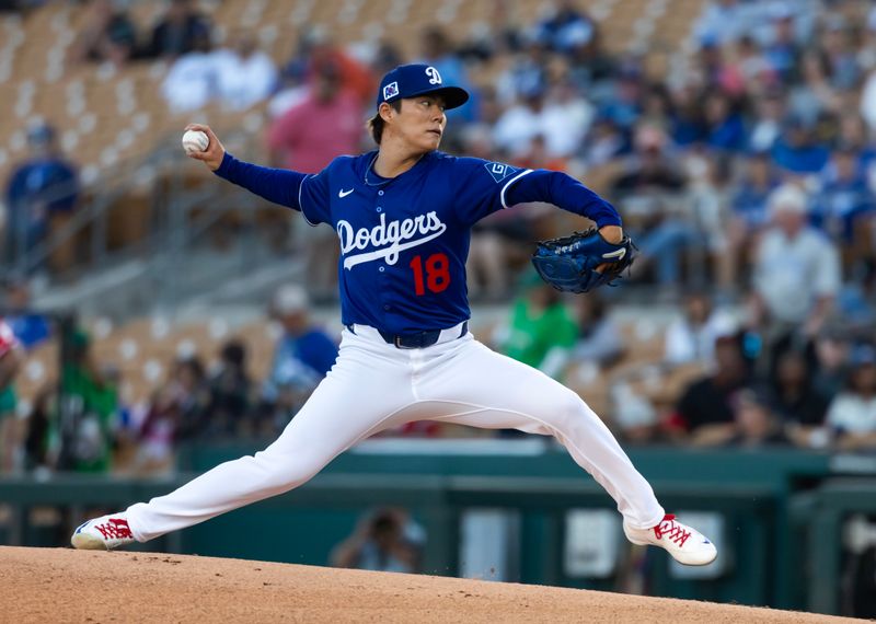 Mar 4, 2025; Phoenix, Arizona, USA; Los Angeles Dodgers pitcher Yoshinobu Yamamoto against the Cincinnati Reds during a spring training game at Camelback Ranch-Glendale. Mandatory Credit: Mark J. Rebilas-Imagn Images